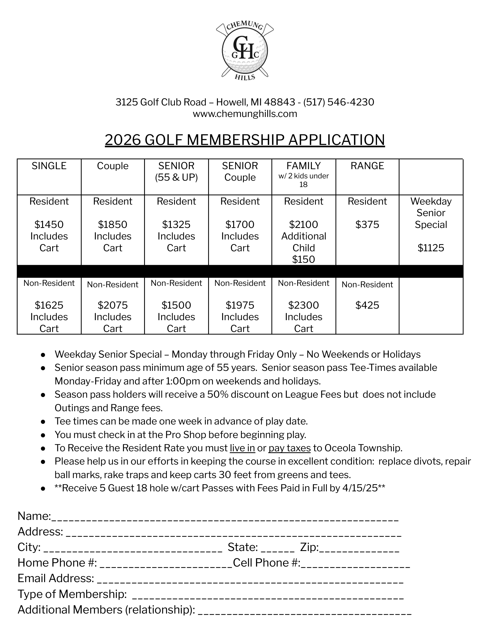 CHGC 2026 Membership Rates